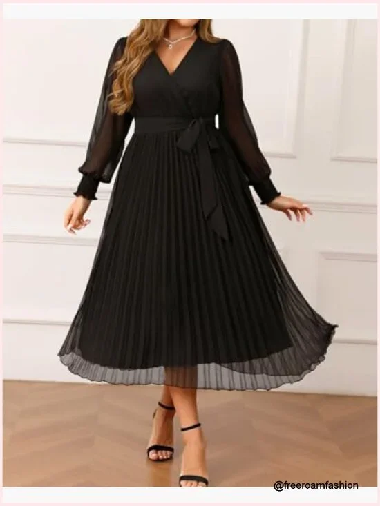 Plus Size Long Sleeve Pleated Midi Dress for Wedding Guest Semi Formal - Picture 3 of 7